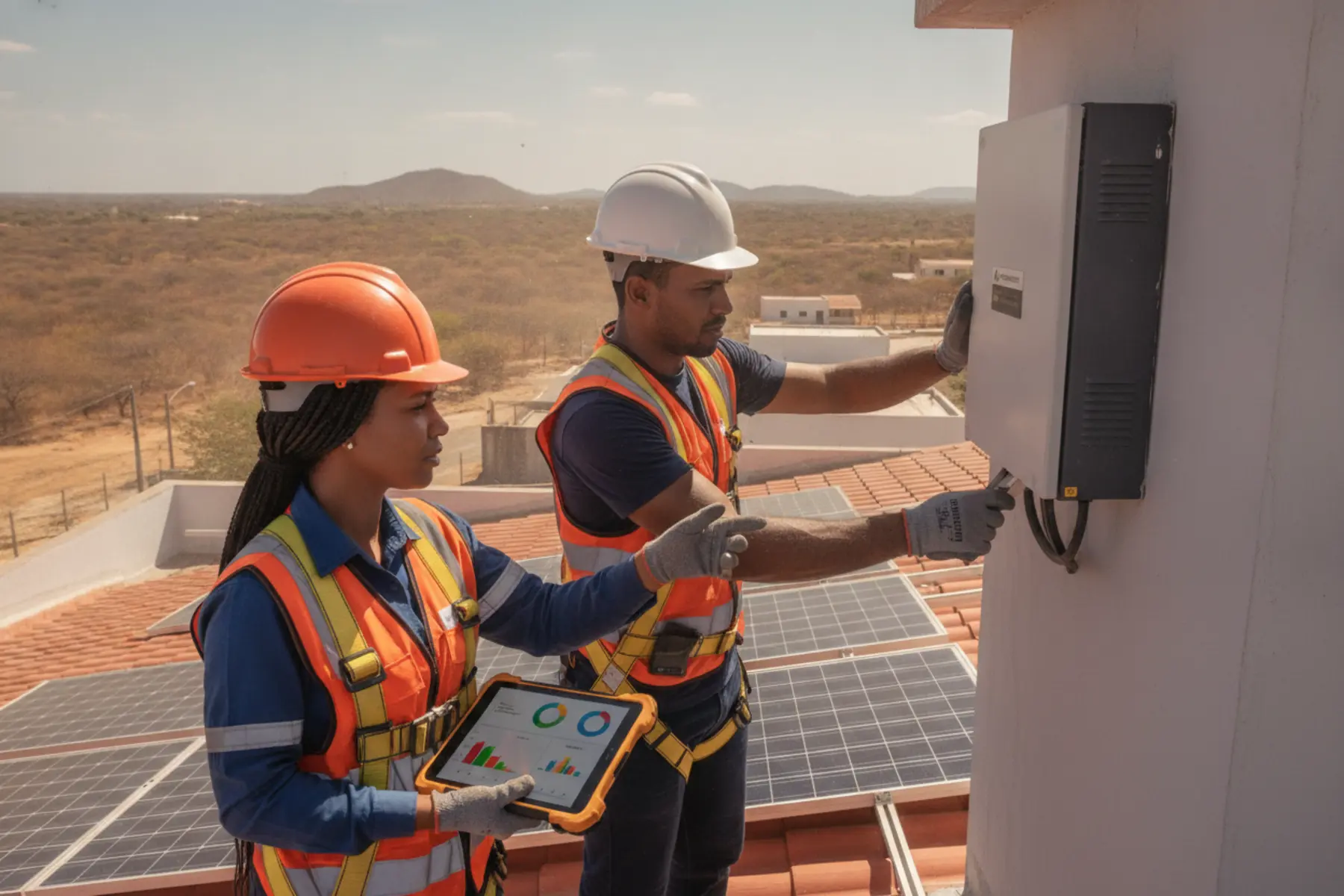 Engenheiros instalando inversor solar