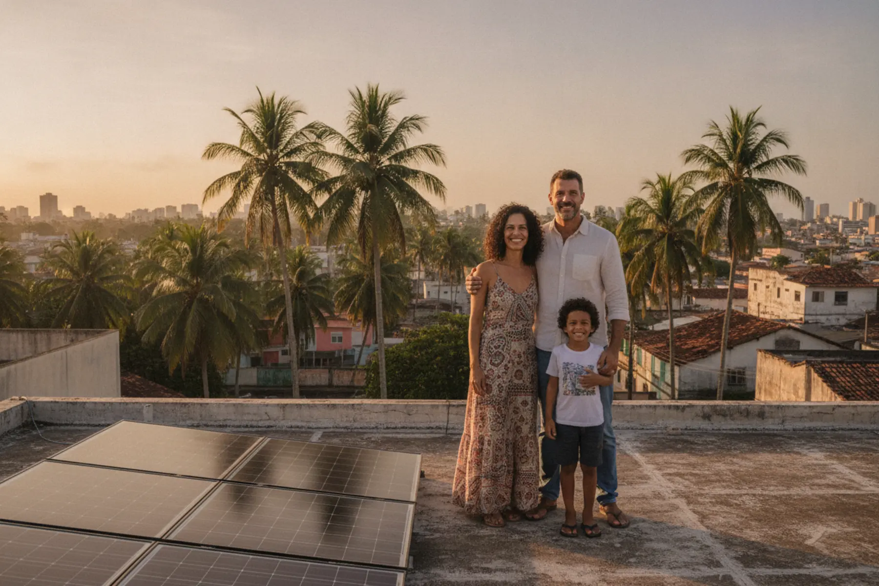 Família no telhado da própria casa, ao lado dos painéis solares